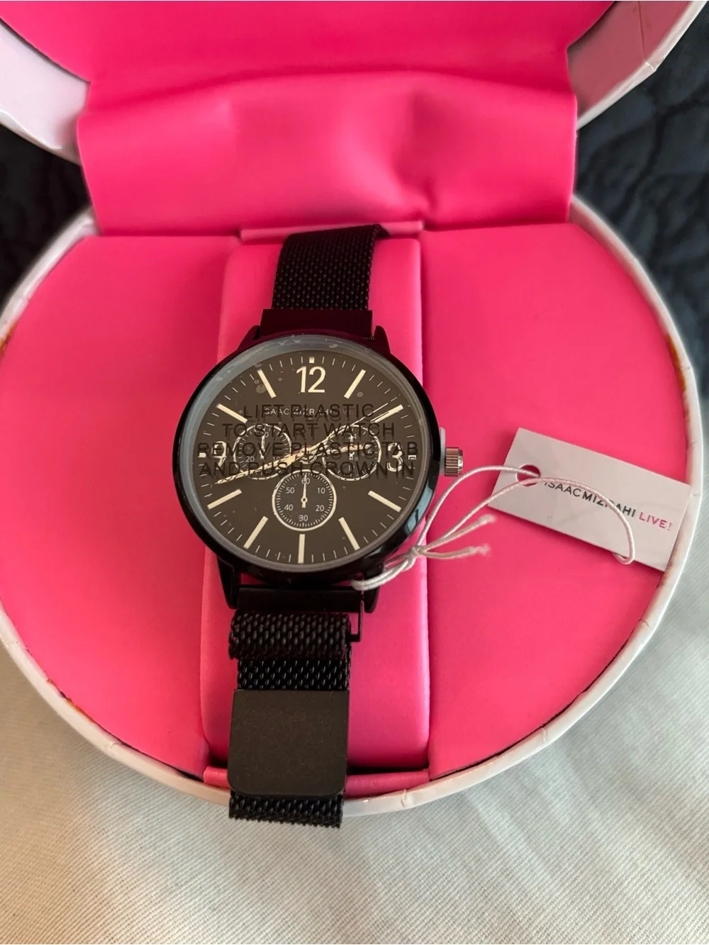 Isaac Mizrahi Live Black Mesh Strap Watch NWT Gift Box